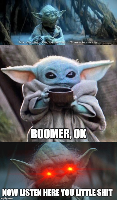 Ok boomer | BOOMER, OK; NOW LISTEN HERE YOU LITTLE SHIT | image tagged in baby yoda tea,now listen here you little shit,funny,memes,ok boomer | made w/ Imgflip meme maker
