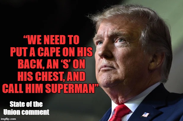 Promises Made, Promises Kept | “WE NEED TO PUT A CAPE ON HIS BACK, AN ‘S’ ON HIS CHEST, AND CALL HIM SUPERMAN”; State of the Union comment | image tagged in politics,political meme,politics lol,politicians,donald trump,american politics | made w/ Imgflip meme maker