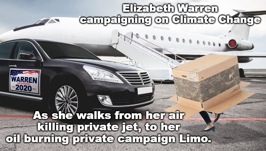 The Real Cover Up | Elizabeth Warren campaigning on Climate Change; As she walks from her air killing private jet, to her oil burning private campaign Limo. | image tagged in memes,funny memes,political meme,elizabeth warren,climate change,liberal hypocrisy | made w/ Imgflip meme maker