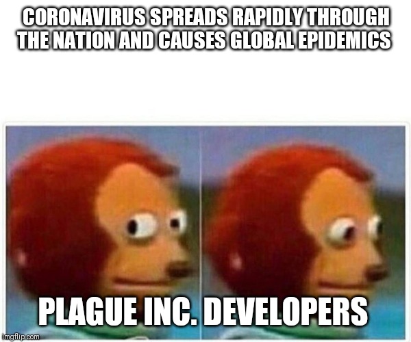 Monkey Puppet | CORONAVIRUS SPREADS RAPIDLY THROUGH THE NATION AND CAUSES GLOBAL EPIDEMICS; PLAGUE INC. DEVELOPERS | image tagged in monkey puppet | made w/ Imgflip meme maker