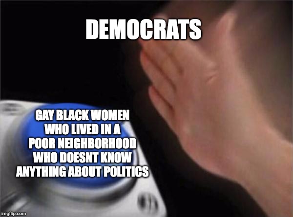 Blank Nut Button Meme | DEMOCRATS; GAY BLACK WOMEN WHO LIVED IN A POOR NEIGHBORHOOD WHO DOESNT KNOW ANYTHING ABOUT POLITICS | image tagged in memes,blank nut button | made w/ Imgflip meme maker