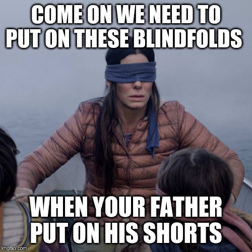 Bird Box | COME ON WE NEED TO PUT ON THESE BLINDFOLDS; WHEN YOUR FATHER PUT ON HIS SHORTS | image tagged in memes,bird box | made w/ Imgflip meme maker