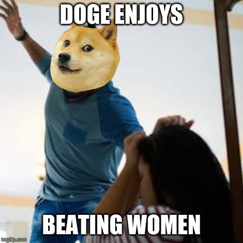 Doge beating a w*man | DOGE ENJOYS; BEATING WOMEN | image tagged in doge beating a wman | made w/ Imgflip meme maker