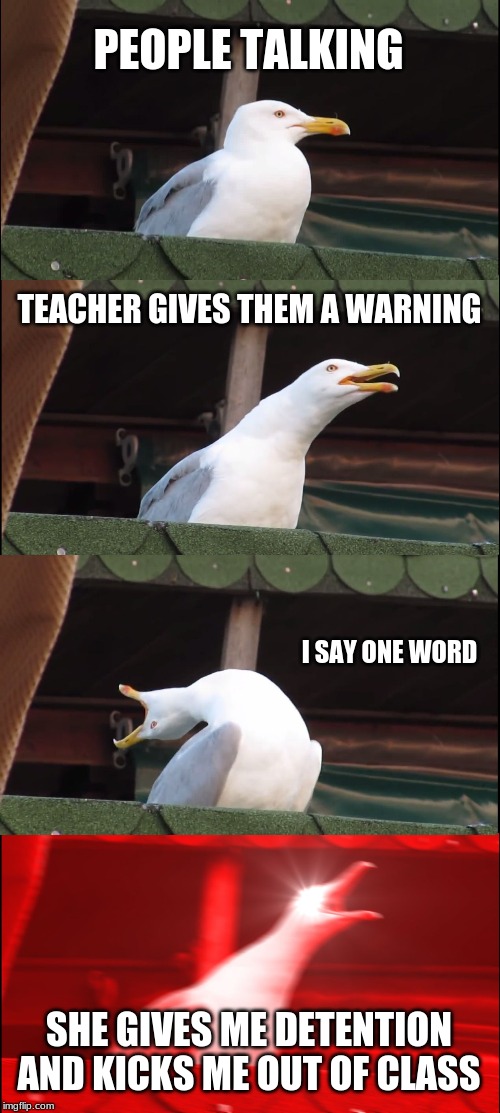 Inhaling Seagull Meme | PEOPLE TALKING; TEACHER GIVES THEM A WARNING; I SAY ONE WORD; SHE GIVES ME DETENTION AND KICKS ME OUT OF CLASS | image tagged in memes,inhaling seagull | made w/ Imgflip meme maker