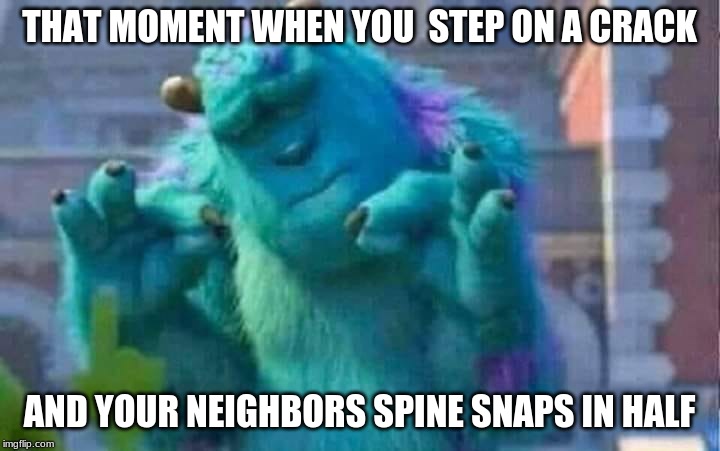 Sully shutdown | THAT MOMENT WHEN YOU  STEP ON A CRACK; AND YOUR NEIGHBORS SPINE SNAPS IN HALF | image tagged in sully shutdown | made w/ Imgflip meme maker