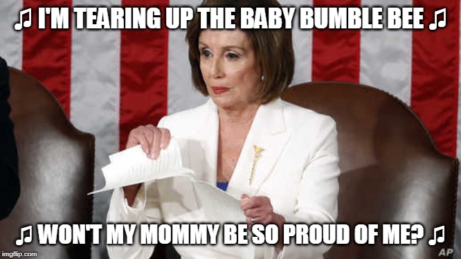Catty Pelosi tears up copy of Trump's SOTU speech | ♫ I'M TEARING UP THE BABY BUMBLE BEE ♫; ♫ WON'T MY MOMMY BE SO PROUD OF ME? ♫ | image tagged in catty pelosi tears up copy of trump's sotu speech | made w/ Imgflip meme maker