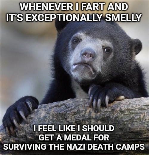Confession Bear Meme | WHENEVER I FART AND IT'S EXCEPTIONALLY SMELLY; I FEEL LIKE I SHOULD GET A MEDAL FOR SURVIVING THE NAZI DEATH CAMPS | image tagged in memes,confession bear | made w/ Imgflip meme maker