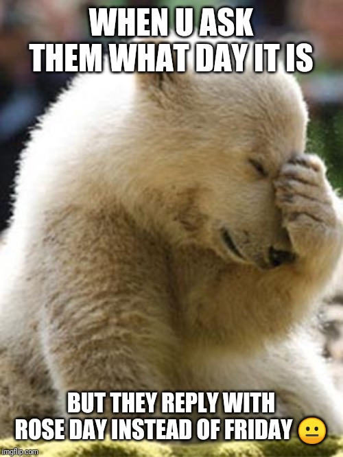 Facepalm Bear | WHEN U ASK THEM WHAT DAY IT IS; BUT THEY REPLY WITH ROSE DAY INSTEAD OF FRIDAY 😐 | image tagged in memes,facepalm bear | made w/ Imgflip meme maker