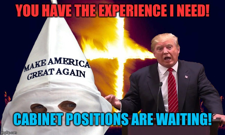 Making America Great Since 1865 | YOU HAVE THE EXPERIENCE I NEED! CABINET POSITIONS ARE WAITING! | image tagged in trump kkk,donald trump,republicans,party of hate | made w/ Imgflip meme maker