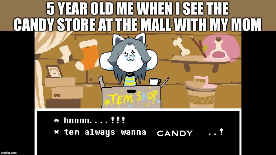 Temmie always want | 5 YEAR OLD ME WHEN I SEE THE CANDY STORE AT THE MALL WITH MY MOM; CANDY | image tagged in temmie always want | made w/ Imgflip meme maker