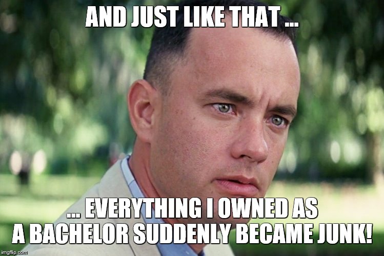 And Just Like That | AND JUST LIKE THAT ... ... EVERYTHING I OWNED AS A BACHELOR SUDDENLY BECAME JUNK! | image tagged in memes,and just like that | made w/ Imgflip meme maker