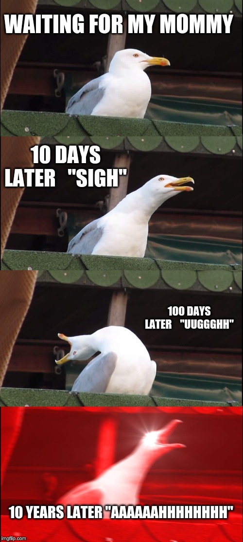 Inhaling Seagull Meme | WAITING FOR MY MOMMY; 10 DAYS LATER   "SIGH"; 100 DAYS LATER    "UUGGGHH"; 10 YEARS LATER "AAAAAAHHHHHHHH" | image tagged in memes,inhaling seagull | made w/ Imgflip meme maker