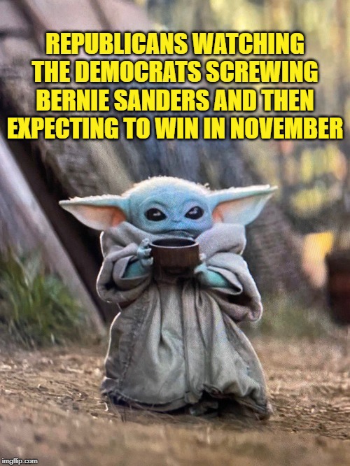 GOP Landslide, Snowflake Meltdown | REPUBLICANS WATCHING THE DEMOCRATS SCREWING BERNIE SANDERS AND THEN EXPECTING TO WIN IN NOVEMBER | image tagged in baby yoda tea,election 2020,political meme | made w/ Imgflip meme maker