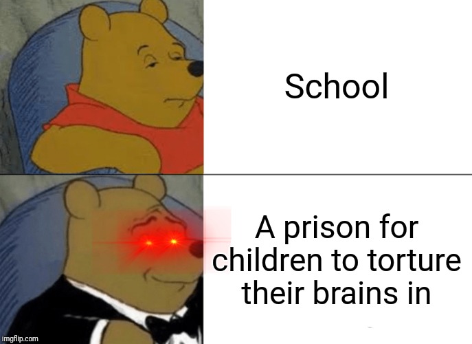 Children tend to go insane in that place, according to Brain News | School; A prison for children to torture their brains in | image tagged in memes,tuxedo winnie the pooh,school,prison,escape | made w/ Imgflip meme maker