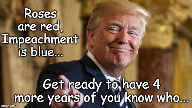 A poem... | Roses are red, Impeachment is blue... Get ready to have 4 more years of you know who... | image tagged in roses,impeachment,4 more years,donald trump | made w/ Imgflip meme maker