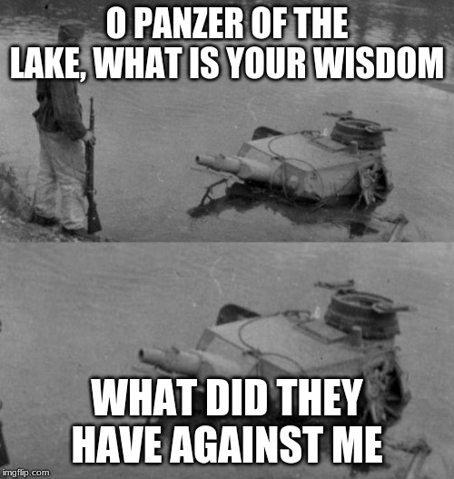 Panzer of the lake | O PANZER OF THE LAKE, WHAT IS YOUR WISDOM; WHAT DID THEY HAVE AGAINST ME | image tagged in panzer of the lake | made w/ Imgflip meme maker