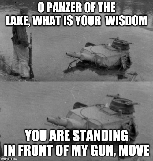 Panzer of the lake | O PANZER OF THE LAKE, WHAT IS YOUR  WISDOM; YOU ARE STANDING IN FRONT OF MY GUN, MOVE | image tagged in panzer of the lake | made w/ Imgflip meme maker