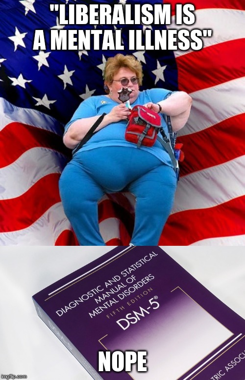 "LIBERALISM IS A MENTAL ILLNESS"; NOPE | image tagged in obese conservative american woman | made w/ Imgflip meme maker