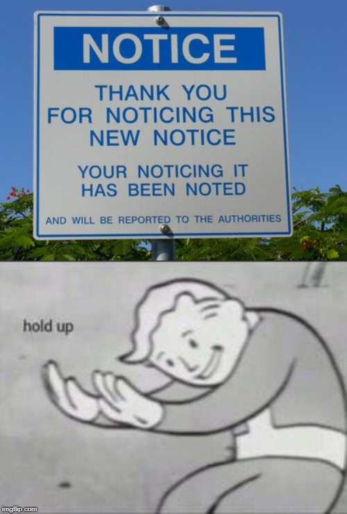 NOTICE | image tagged in fallout hold up,notice me,authority | made w/ Imgflip meme maker