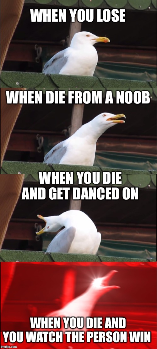 Inhaling Seagull | WHEN YOU LOSE; WHEN DIE FROM A NOOB; WHEN YOU DIE AND GET DANCED ON; WHEN YOU DIE AND YOU WATCH THE PERSON WIN | image tagged in memes,inhaling seagull | made w/ Imgflip meme maker