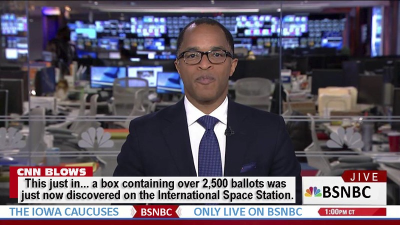 BSNBC Jive: Box containing 2500 ballots found on International Space Station | image tagged in iowa caucus,cnn fake news,bsnbc,cnn blows,cnbc,jive | made w/ Imgflip meme maker