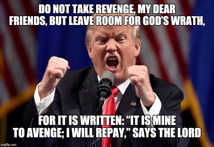 Romans 12:19 | DO NOT TAKE REVENGE, MY DEAR FRIENDS, BUT LEAVE ROOM FOR GOD’S WRATH, FOR IT IS WRITTEN: “IT IS MINE TO AVENGE; I WILL REPAY,” SAYS THE LORD | image tagged in trump angry | made w/ Imgflip meme maker