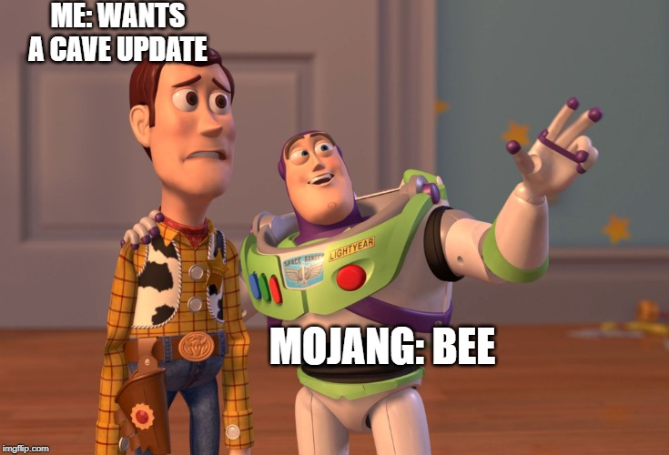 X, X Everywhere | ME: WANTS A CAVE UPDATE; MOJANG: BEE | image tagged in memes,x x everywhere | made w/ Imgflip meme maker