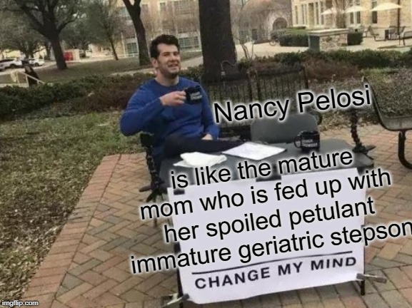 Change My Mind | Nancy Pelosi; is like the mature mom who is fed up with her spoiled petulant immature geriatric stepson | image tagged in memes,change my mind,politics,maga,impeach trump | made w/ Imgflip meme maker