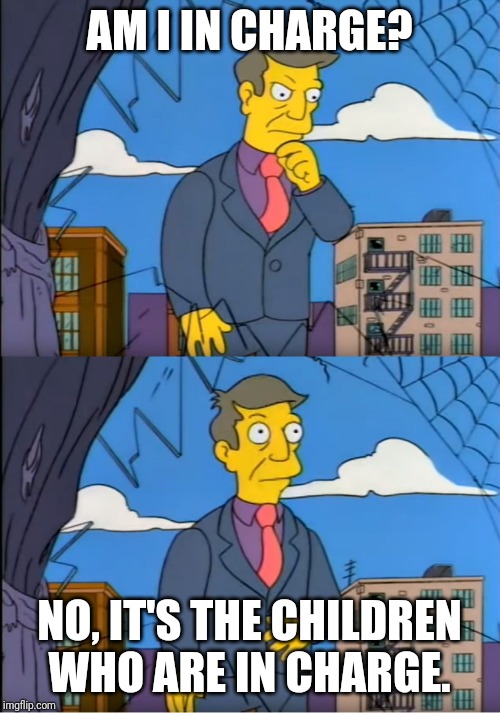Skinner Out Of Touch | AM I IN CHARGE? NO, IT'S THE CHILDREN WHO ARE IN CHARGE. | image tagged in skinner out of touch | made w/ Imgflip meme maker
