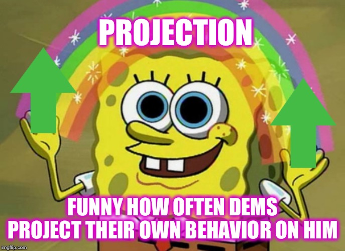 Spongebob upvote | PROJECTION FUNNY HOW OFTEN DEMS PROJECT THEIR OWN BEHAVIOR ON HIM | image tagged in spongebob upvote | made w/ Imgflip meme maker