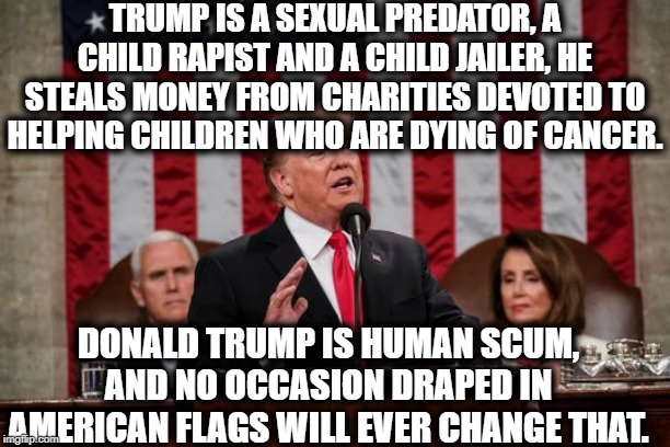 Trump Is A Child Rapist | TRUMP IS A SEXUAL PREDATOR, A CHILD RAPIST AND A CHILD JAILER, HE STEALS MONEY FROM CHARITIES DEVOTED TO HELPING CHILDREN WHO ARE DYING OF CANCER. DONALD TRUMP IS HUMAN SCUM, AND NO OCCASION DRAPED IN AMERICAN FLAGS WILL EVER CHANGE THAT. | image tagged in donald trump,rape,cancer,scumbag,criminal,traitor | made w/ Imgflip meme maker