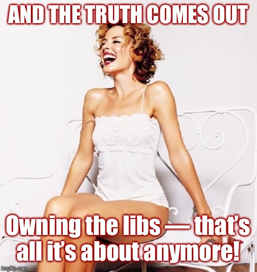 Why all the hate against Democrats, exactly? It’s the best way to keep the GOP unified! | AND THE TRUTH COMES OUT; Owning the libs — that’s all it’s about anymore! | image tagged in kylie laugh redhead,gop,democrats,democratic party,conservative logic,hate | made w/ Imgflip meme maker