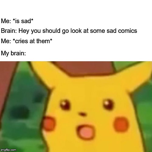 Big sad | Brain: Hey you should go look at some sad comics; Me: *is sad*; Me: *cries at them*; My brain: | image tagged in memes,surprised pikachu,crying,sad,this is not a meme please somebody help me | made w/ Imgflip meme maker