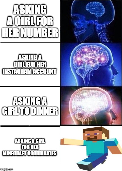Expanding Brain Meme | ASKING A GIRL FOR HER NUMBER; ASKING A GIRL FOR HER INSTAGRAM ACCOUNT; ASKING A GIRL TO DINNER; ASKING A GIRL FOR HER MINECRAFT COORDINATES | image tagged in memes,expanding brain | made w/ Imgflip meme maker