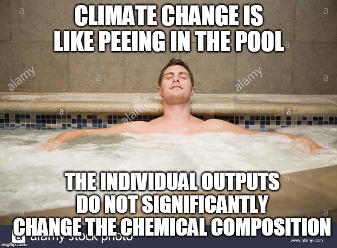 How the Earth Is Like a Swimming Pool | CLIMATE CHANGE IS LIKE PEEING IN THE POOL; THE INDIVIDUAL OUTPUTS DO NOT SIGNIFICANTLY CHANGE THE CHEMICAL COMPOSITION | image tagged in climate change,global warming,peeing,swimming pool,chemicals,earth | made w/ Imgflip meme maker