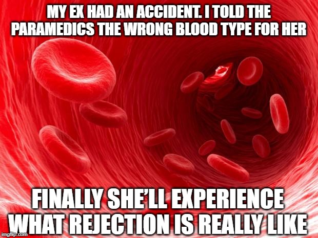 Rejection | MY EX HAD AN ACCIDENT. I TOLD THE PARAMEDICS THE WRONG BLOOD TYPE FOR HER; FINALLY SHE’LL EXPERIENCE WHAT REJECTION IS REALLY LIKE | image tagged in blood cells | made w/ Imgflip meme maker