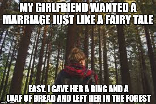 Fairy Tale Marriage | MY GIRLFRIEND WANTED A MARRIAGE JUST LIKE A FAIRY TALE; EASY. I GAVE HER A RING AND A LOAF OF BREAD AND LEFT HER IN THE FOREST | image tagged in dark humor | made w/ Imgflip meme maker