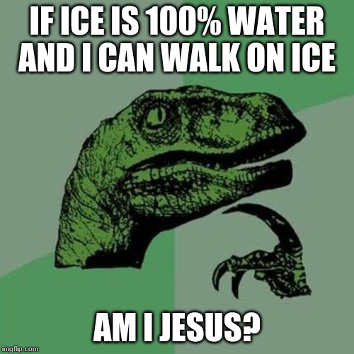 raptor | IF ICE IS 100% WATER AND I CAN WALK ON ICE; AM I JESUS? | image tagged in raptor | made w/ Imgflip meme maker