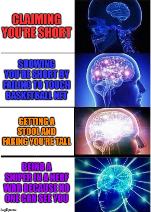 Expanding Brain | CLAIMING YOU’RE SHORT; SHOWING YOU’RE SHORT BY FAILING TO TOUCH BASKETBALL NET; GETTING A STOOL AND FAKING YOU’RE TALL; BEING A SNIPER IN A NERF WAR BECAUSE NO ONE CAN SEE YOU | image tagged in memes,expanding brain | made w/ Imgflip meme maker