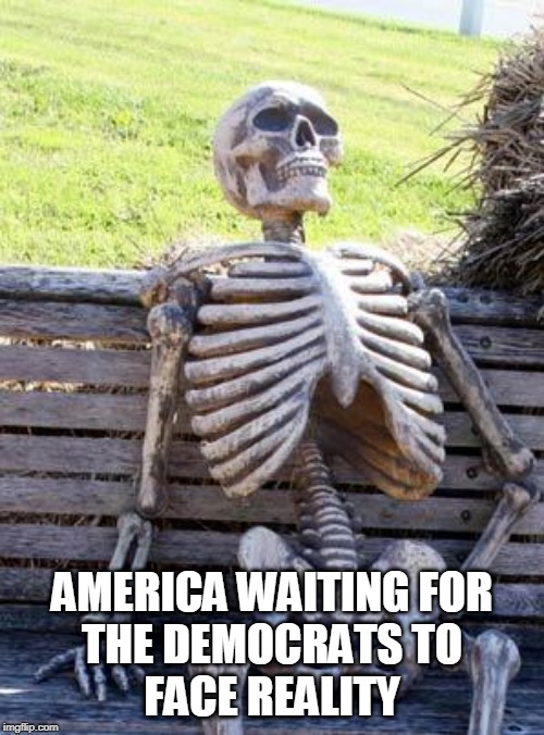 USA Waits | AMERICA WAITING FOR
THE DEMOCRATS TO
FACE REALITY | image tagged in waiting skeleton,democrats,liberal hypocrisy | made w/ Imgflip meme maker