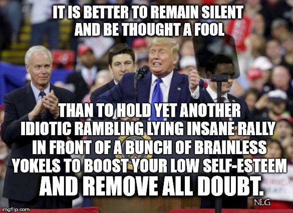 trump insane rally fool | IT IS BETTER TO REMAIN SILENT 
AND BE THOUGHT A FOOL; THAN TO HOLD YET ANOTHER IDIOTIC RAMBLING LYING INSANE RALLY; IN FRONT OF A BUNCH OF BRAINLESS YOKELS TO BOOST YOUR LOW SELF-ESTEEM; AND REMOVE ALL DOUBT. NLG | image tagged in politics | made w/ Imgflip meme maker