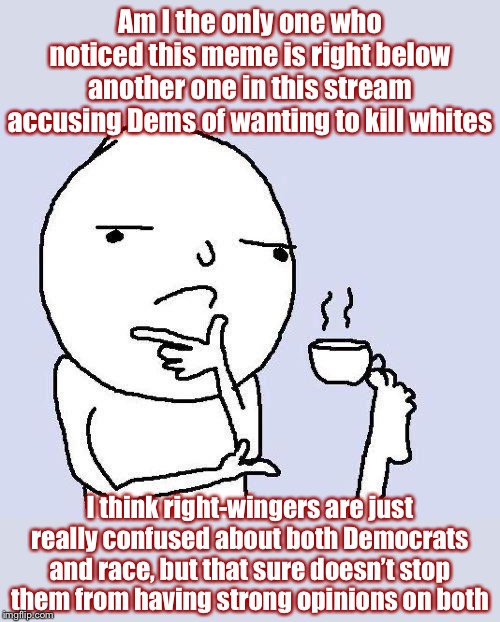 Are Dems pro-white or anti-white racists? In the right-wing imagination: Why not both? (Pt. II) | Am I the only one who noticed this meme is right below another one in this stream accusing Dems of wanting to kill whites I think right-wing | image tagged in thinking meme,democrats,democratic party,racism,racists,conservative logic | made w/ Imgflip meme maker