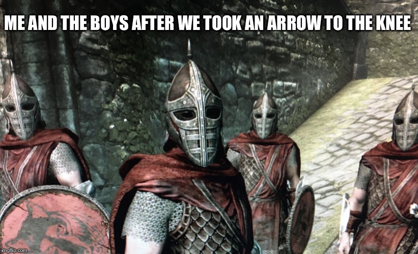 Me and the boys after taking an arrow to the knee | ME AND THE BOYS AFTER WE TOOK AN ARROW TO THE KNEE | image tagged in me and the boys skyrim solitude guards,me and the boys | made w/ Imgflip meme maker
