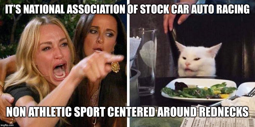 Smudge the cat | IT’S NATIONAL ASSOCIATION OF STOCK CAR AUTO RACING; NON ATHLETIC SPORT CENTERED AROUND REDNECKS | image tagged in smudge the cat | made w/ Imgflip meme maker