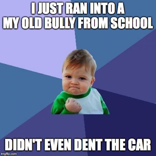 Success Kid Meme | I JUST RAN INTO A MY OLD BULLY FROM SCHOOL; DIDN'T EVEN DENT THE CAR | image tagged in memes,success kid | made w/ Imgflip meme maker