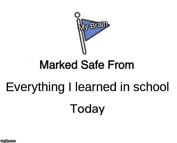 Marked Safe From Meme | My Brain; Everything I learned in school | image tagged in memes,marked safe from | made w/ Imgflip meme maker