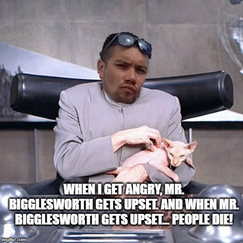 Dr.evil and Mr.Bigglesworth | WHEN I GET ANGRY, MR. BIGGLESWORTH GETS UPSET. AND WHEN MR. BIGGLESWORTH GETS UPSET… PEOPLE DIE! | image tagged in bigglesworth,drevil,austin powers,goldmember,fat bastard | made w/ Imgflip meme maker