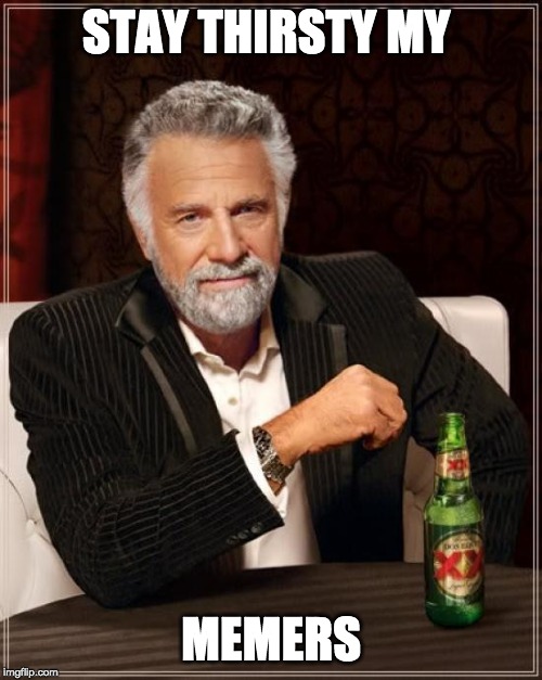 Stay Thirsty My Memers | STAY THIRSTY MY; MEMERS | image tagged in memes,the most interesting man in the world,beer,boomer | made w/ Imgflip meme maker