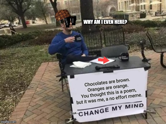 Change My Mind | WHY AM I EVEN HERE? Chocolates are brown.
Oranges are orange.
You thought this is a poem,
but it was me, a no effort meme. True... | image tagged in memes,change my mind | made w/ Imgflip meme maker