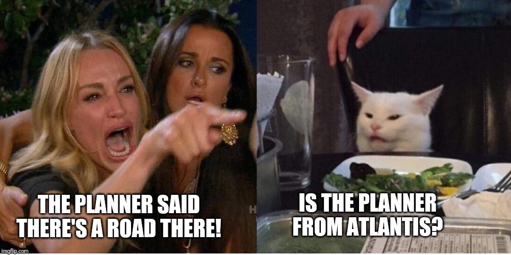 salad cat | IS THE PLANNER FROM ATLANTIS? THE PLANNER SAID THERE'S A ROAD THERE! | image tagged in salad cat,trucker,driver,truck driver | made w/ Imgflip meme maker